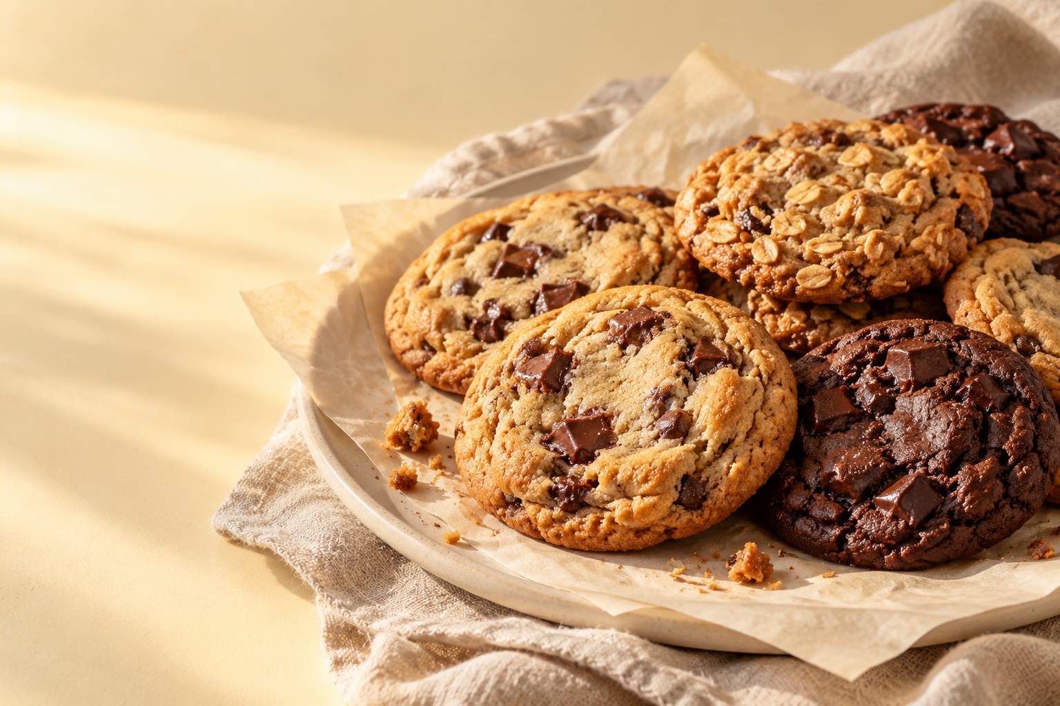 A plate of freshly baked chocolate chip, oatmeal, and chocolate cookies